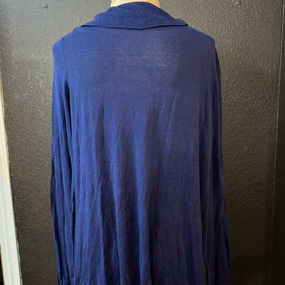 Ann Taylor navy academia ruffle shawl collar open front fine knit silk cardigan - Picture 6 of 7